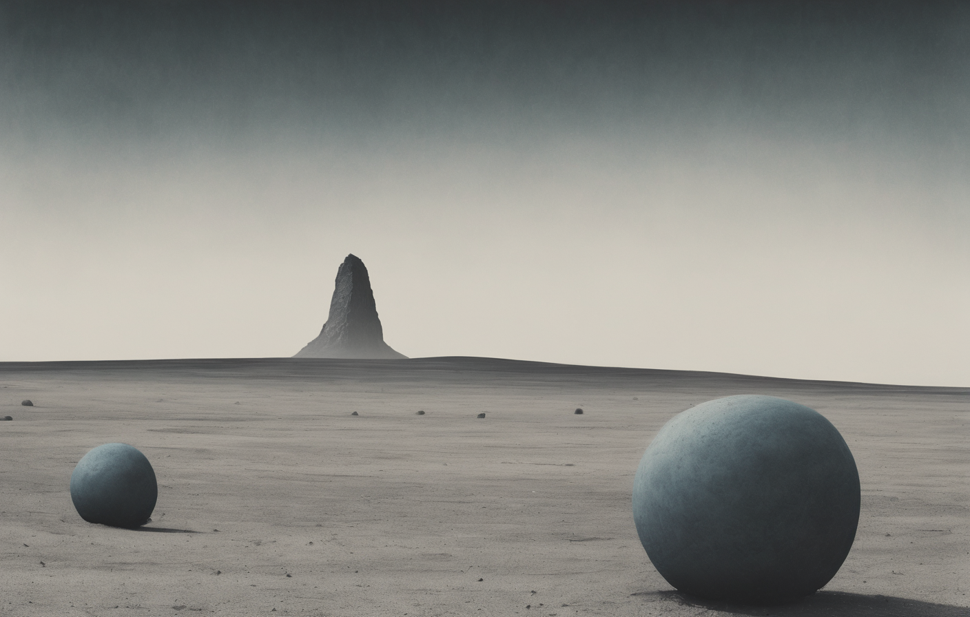 Two dark spheres on a pale empty landscape